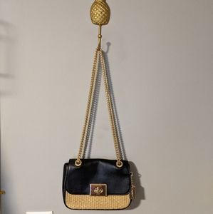 Coach Black and Natural Straw Crossbody Bag with Gold Chain